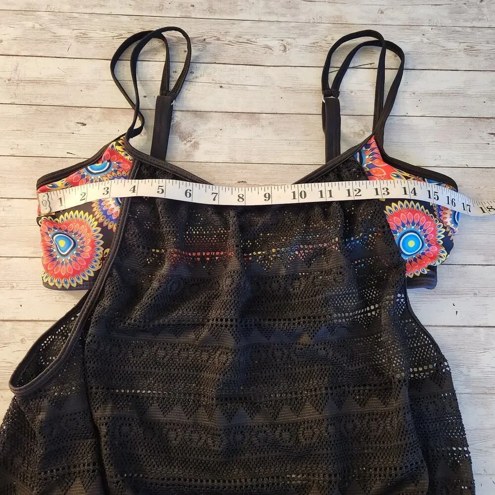 Two Piece Tankini Swimsuit with Mesh Overlay NWOT Size Large - Picture 7 of 12